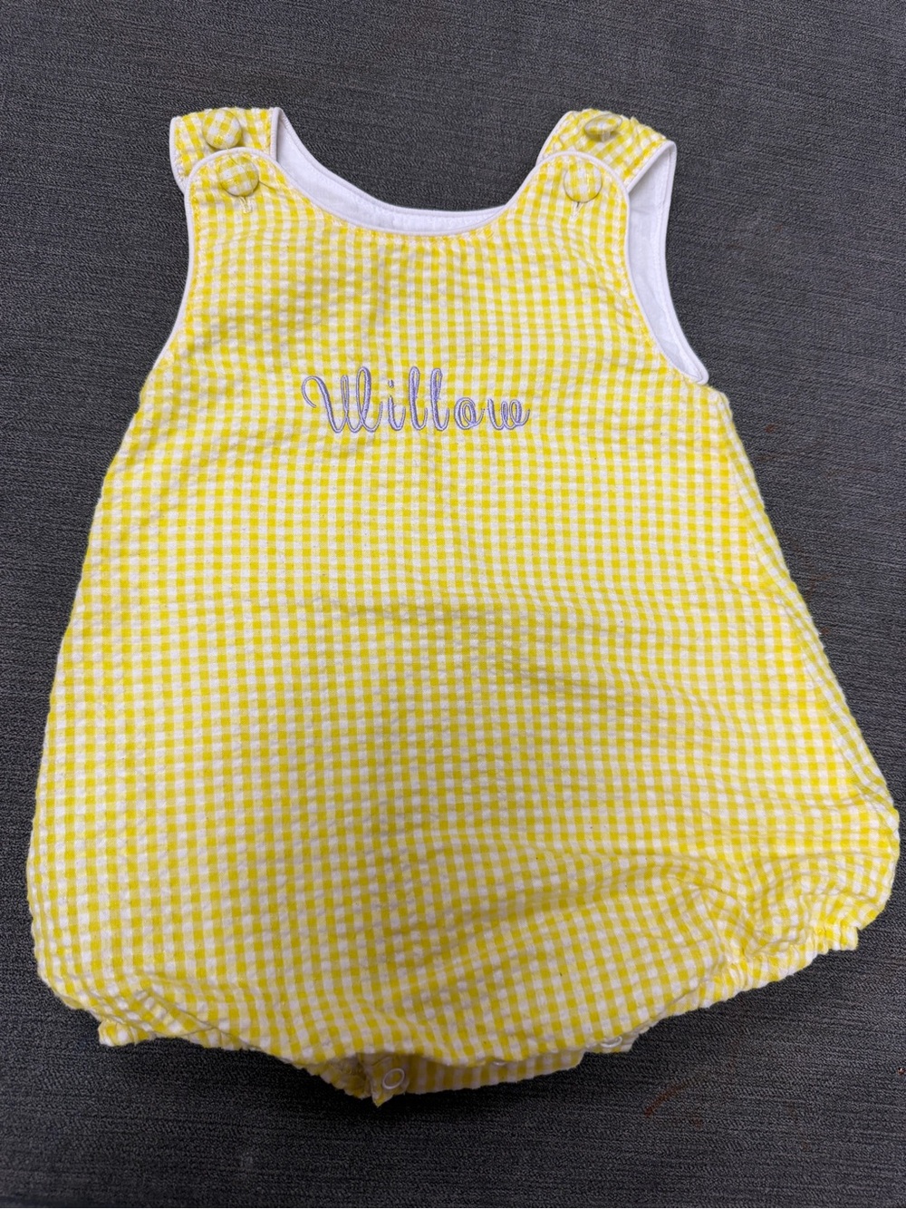 Yellow Gingham Baby Romper with 'Willow' Embroidery